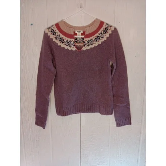 Old Navy Sweater Women S Purple Pink Floral Wool Blend Pullover V Neck Fair Isle - Picture 1 of 5